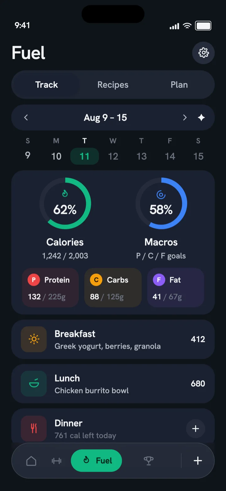 Swolly Fuel tab: calorie and macro rings with logged meals