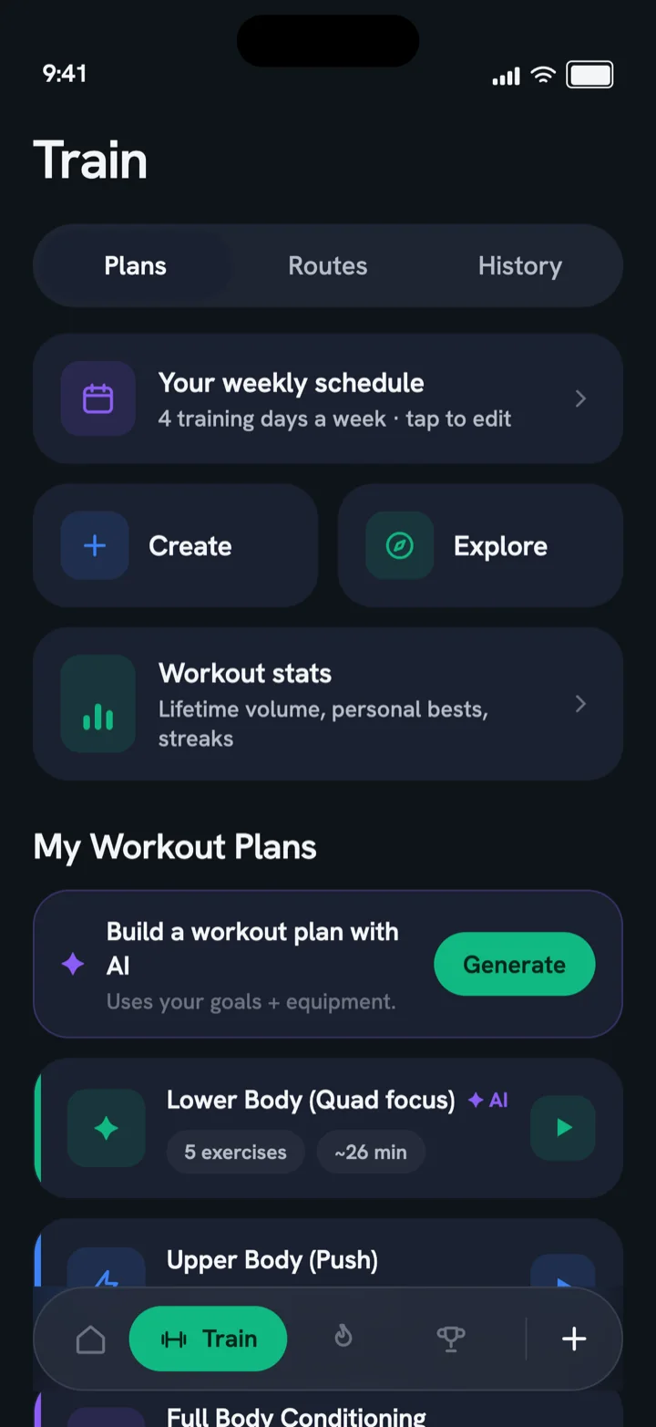 Swolly Train tab: weekly schedule, workout stats and saved plans